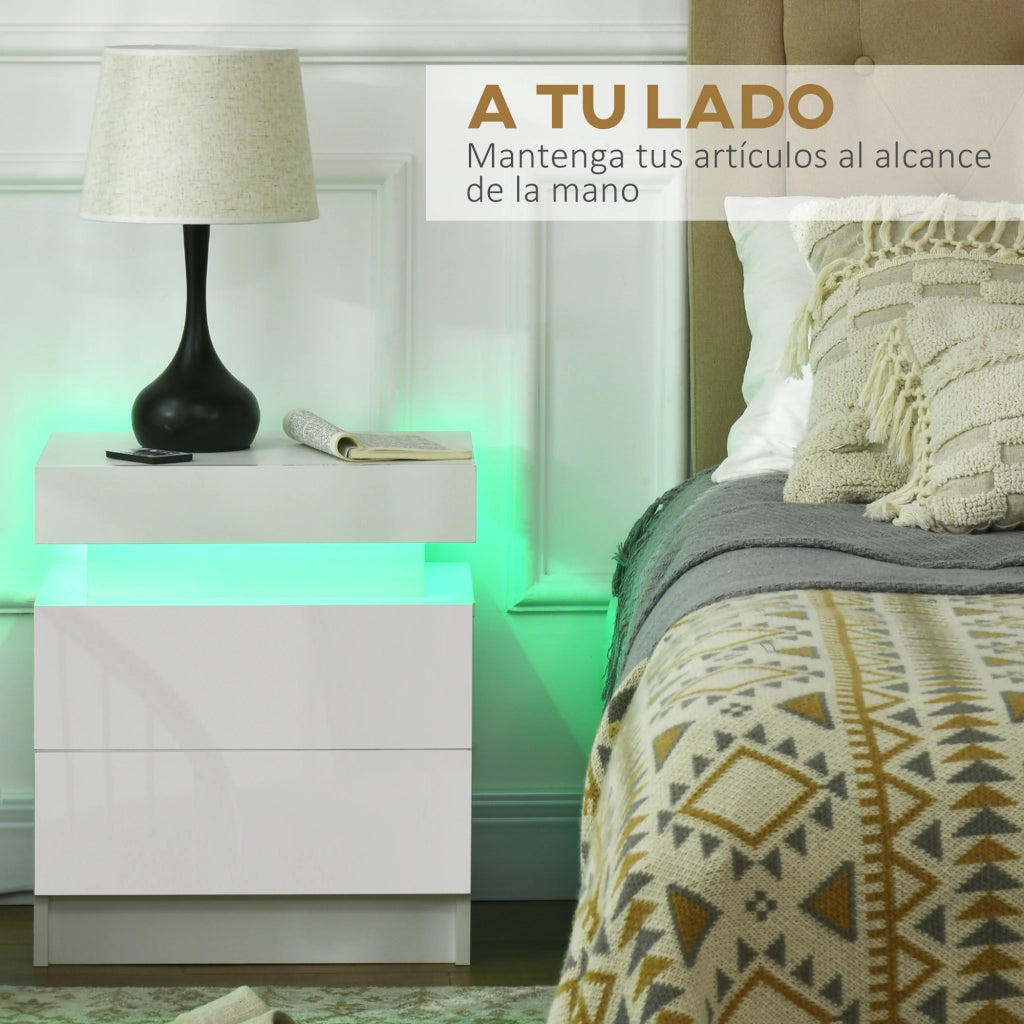 Comodino con Luci LED e 2 Cassetti ¨C Zephmum ¨C Bianco, Multistrato, 45x35x52 cm