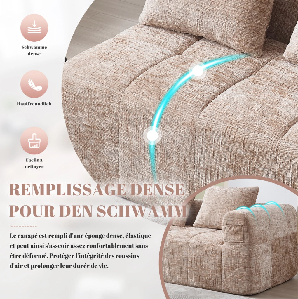Divano comodo 2 posti in tessuto khaki con chaise longue, cuscino incluso e tasche laterali