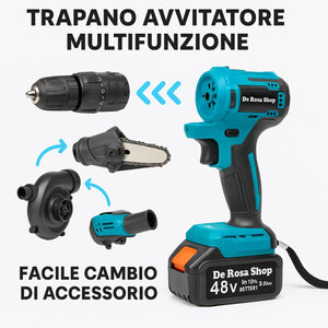 Kit Completo Professionale Fai da Te, 5 in 1 con Teste Intercambiabili, Trapano, Avvitatore, Mini Motosega, Soffiatore con 2 Batterie 48V