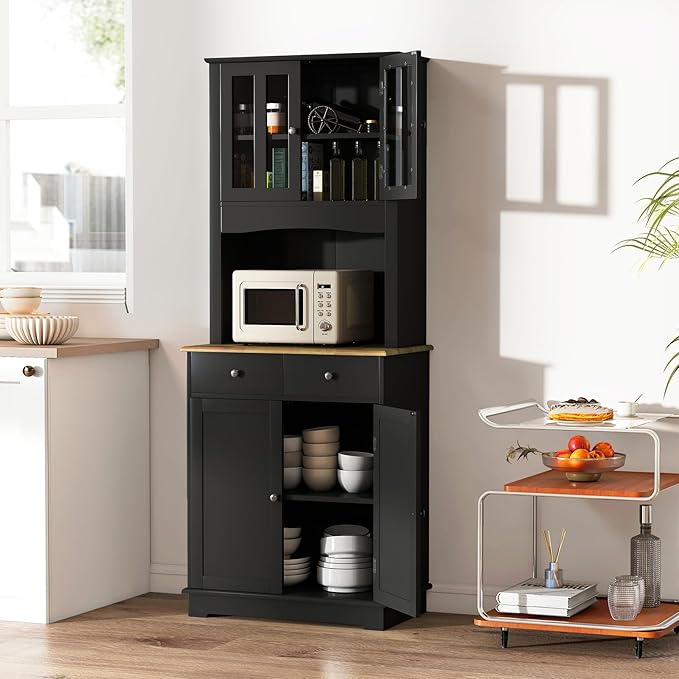 Mobile Dispensa da Cucina, Armadio di Stoccaggio Autonomo con Credenza e 2 Cassetti, Ripiani Regolabili, Ampio Spazio per Forno a Microonde, 2 Colori, 68,5 cm x 40,5 cm x 170 cm (Nero)