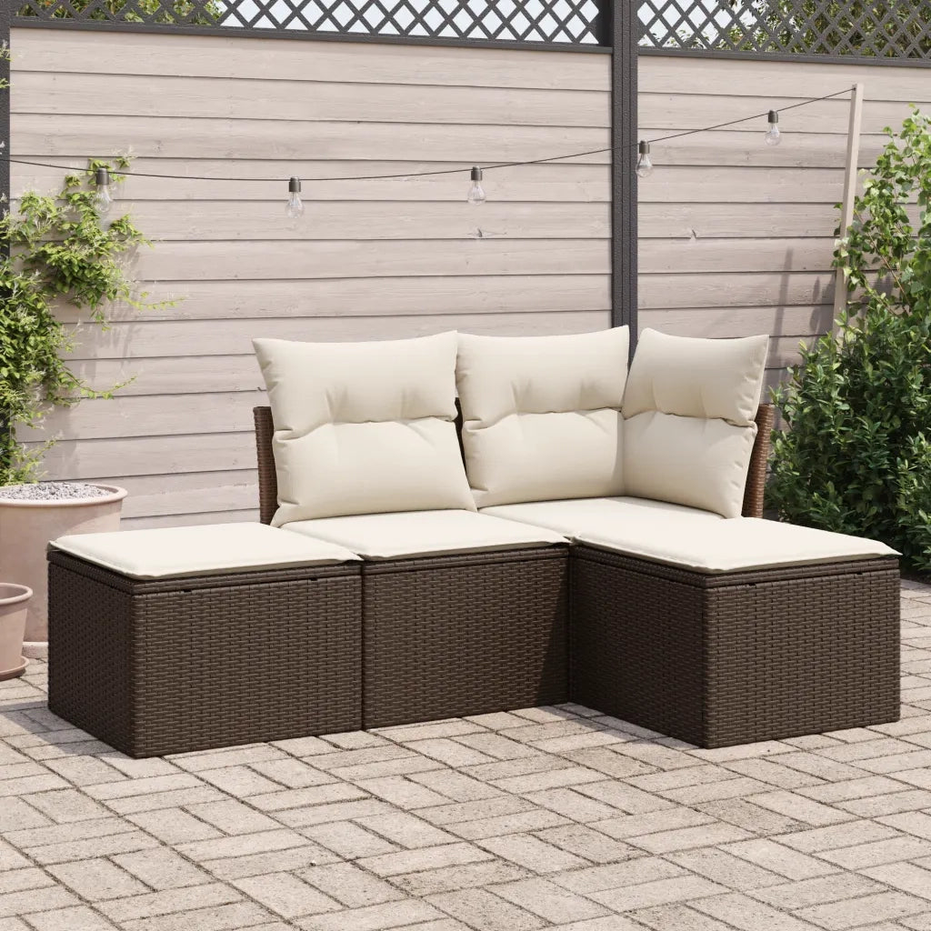 Set Divano da Giardino 4 pz | Set Salotto da Giardino con Cuscini Marrone in Polyrattan