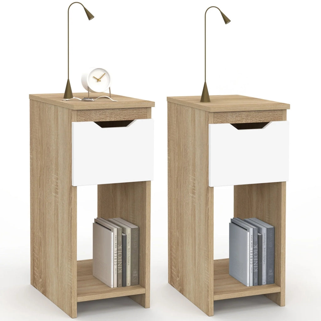 IDMarket - Set di 2 comodini stretti a 1 cassetto ANOUK con nicchia in faggio e bianco
