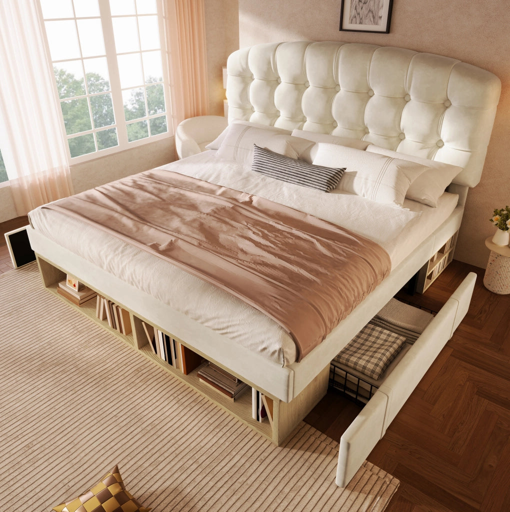 Letto matrimoniale 140x190 cm beige con cassetti e rete