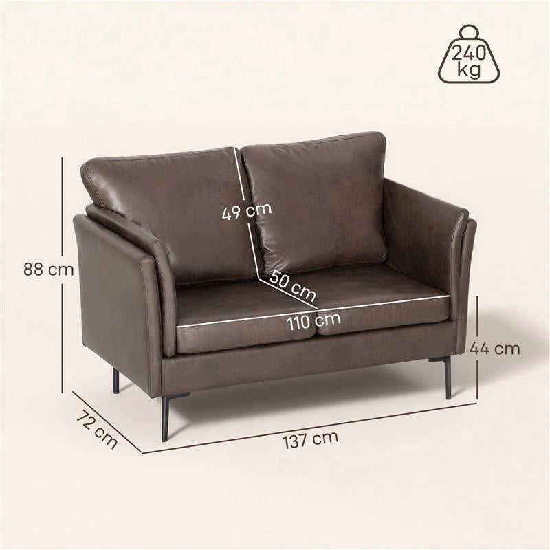 DIVANO 2 POSTI IN PELLE TRASPIRANTE CON IMBOTTITURA SPESSA E GAMBE IN METALLO, 137X72X88 CM, MARRONE SCURO