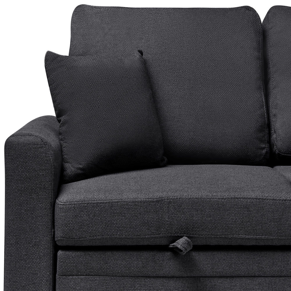 Divano letto angolare con contenitore lato sinistro nero rivestimento in poliestere effetto lino contenitore cuscini design moderno