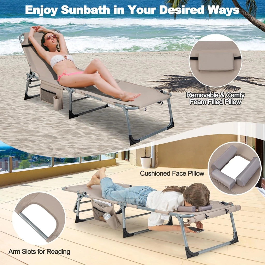 Set da 2 Sedie a Sdraio Pieghevoli, Lettino Prendisole Con Fori per Viso e Braccia, Cuscino,194 x 60 x 36 cm，per Terrazzo Piscina Giardino，Portata 180 kg，4 Colori