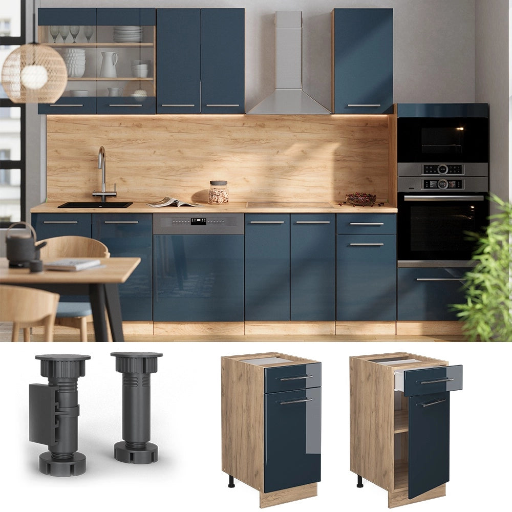 Mobiletto base per cucina Fame-Line Blu scuro lucido/Rovere dorato 40 cm senza piano di lavoro Vicco