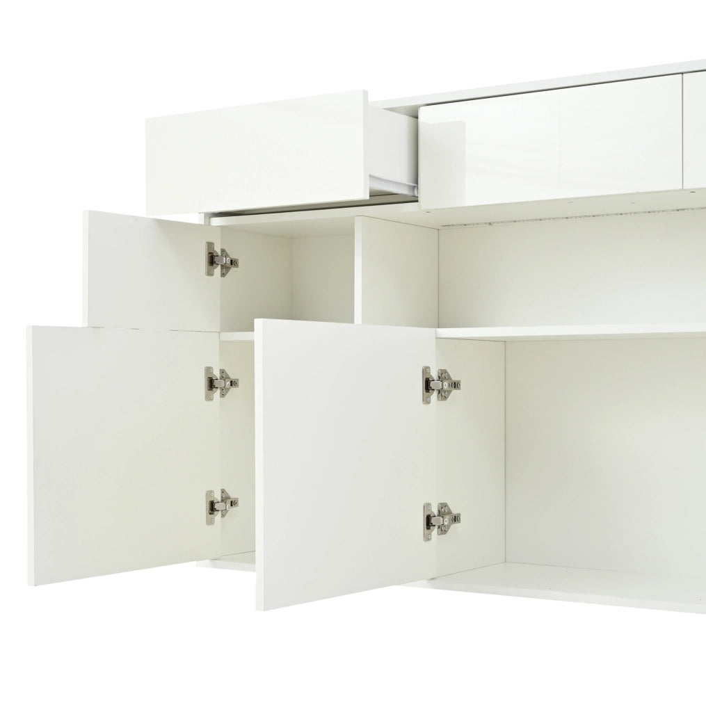 Credenza 140x30x82 cm con 3 cassetti e 5 vani; LED e finitura lucida in MDF bianca