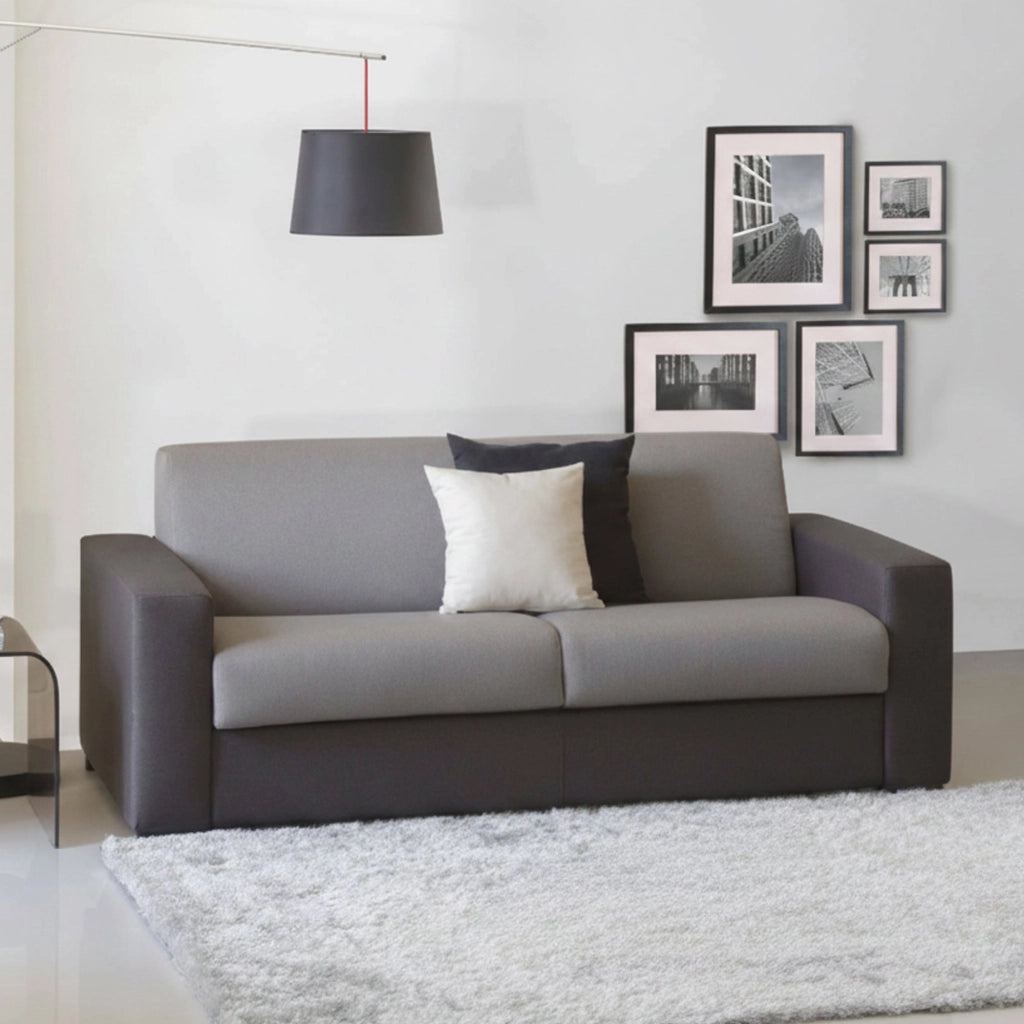 Divano Letto Alcatraz, Divano a 2 posti, Made in Italy, SofÒ  Soggiorno con apertura girevole, in tessuto imbottito, con Braccioli slim, cm 160x95h90, Grigio e Antracite