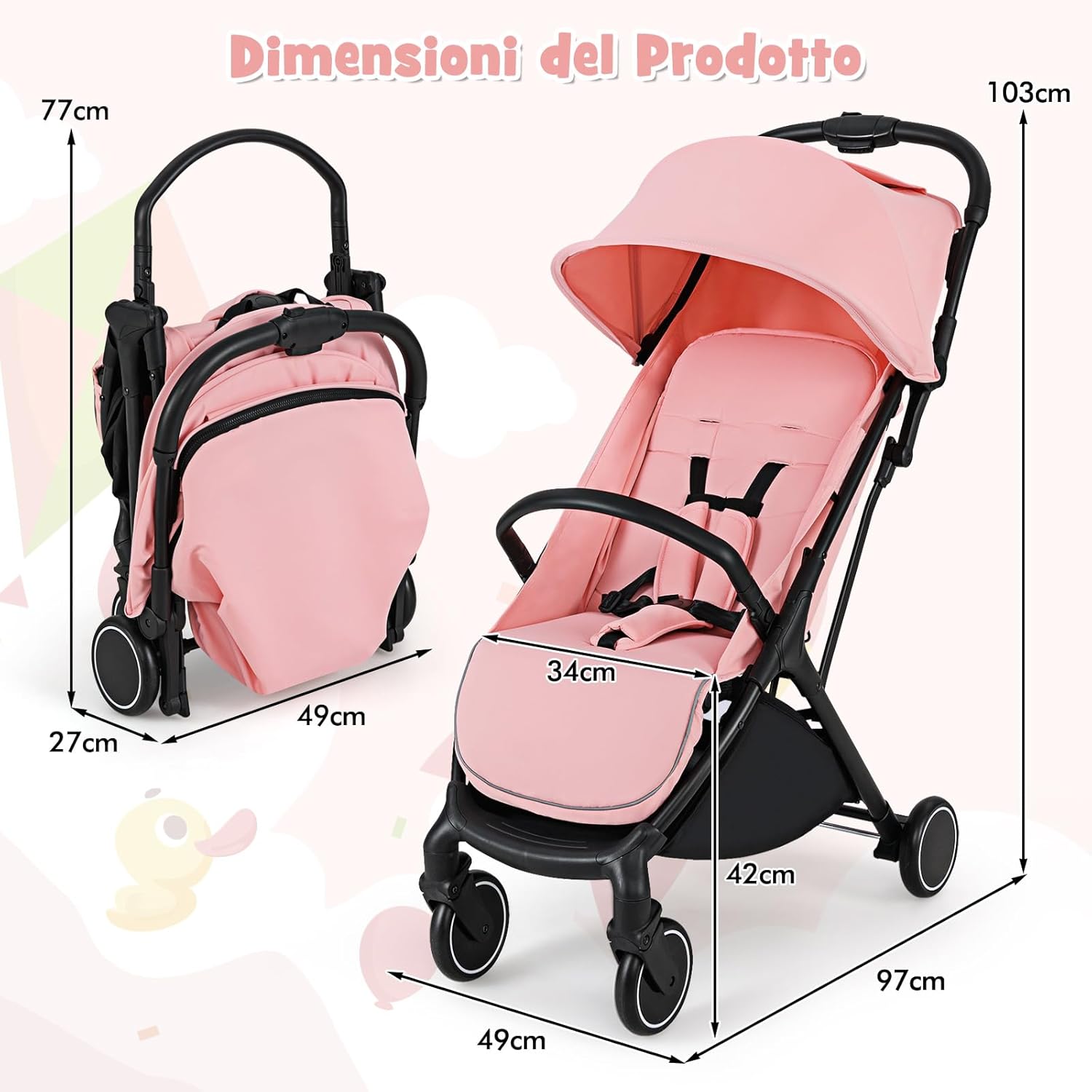 Passeggino Leggero per Bambini, Passeggino da Viaggio con Schienale Regolabile, Passeggino Portatile per Bambini con Schienale Reclinabile e Cappotta Regolabile, per Bambini 0-3 Anni (Rosa)