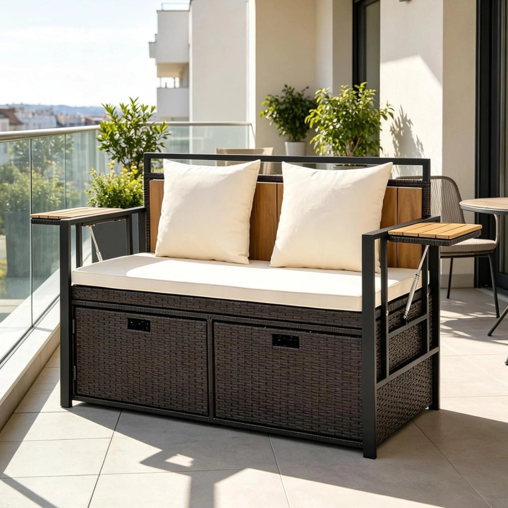 Divano da Giardino 2 Posti, Panchina da Esterno in Rattan PE con Contenitore, Cuscini Imbottiti e Tavolini Pieghevoli, Salotto da Giardino per Balcone e Terrazza, 120 x 51 x 82 cm (Bianco)