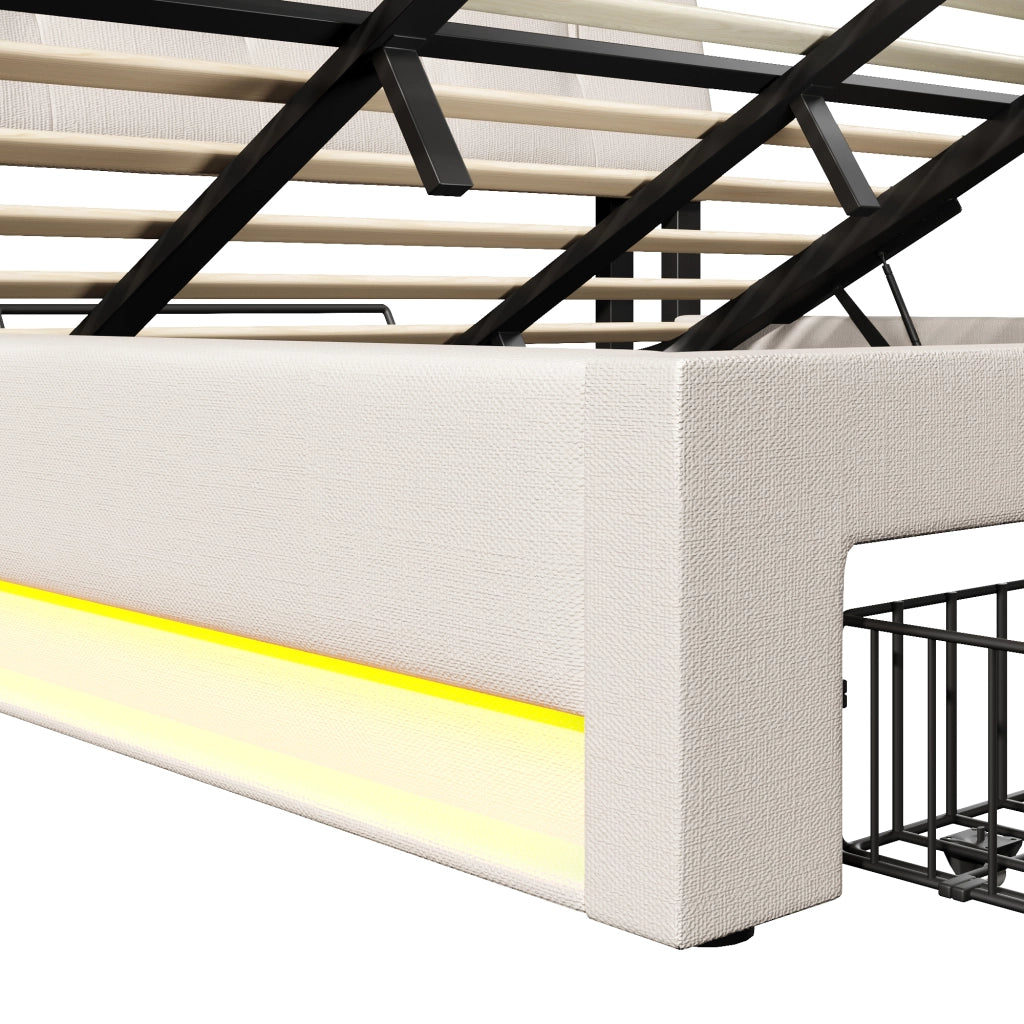 DESMIU Letto contenitore 180 × 200 cm 2 posti con USB, Type-C, LED, senza materasso, in lino, beige