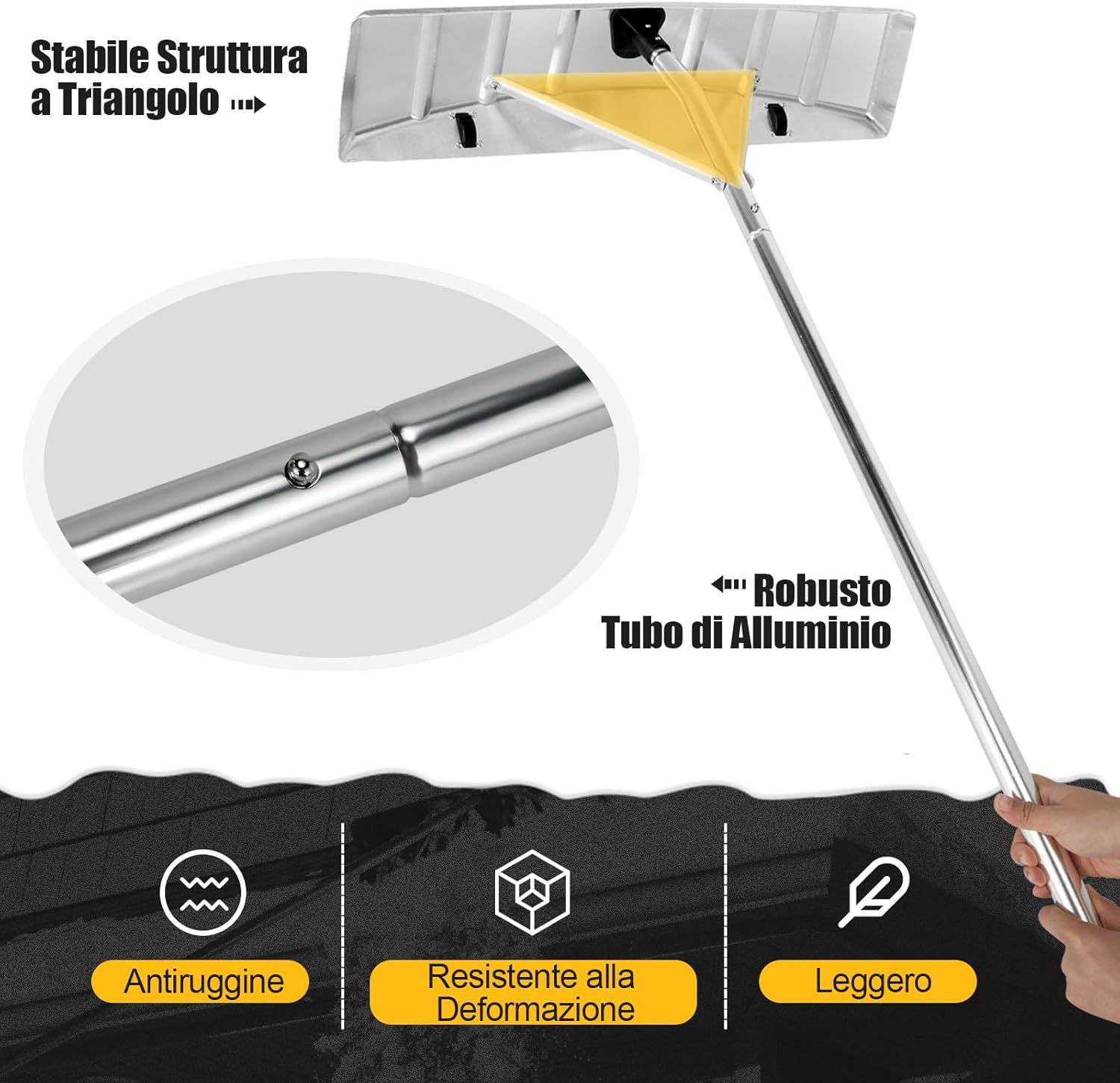 Rastrello per Neve in Alluminio per Tetti e Auto, Pala da Neve Telescopico e Allungabile da 148-608 cm, Lama Grande da 63 cm con 2 Ruote, per Vari Occasioni