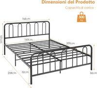 Telaio da Letto in Metallo, Struttura Letto con Testiera e Pediera, Letto a Piattaforma con Doghe in Acciaio, Carico Massimo 300kg, Nero (200cm x 160cm)