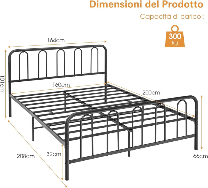 Telaio da Letto in Metallo, Struttura Letto con Testiera e Pediera, Letto a Piattaforma con Doghe in Acciaio, Carico Massimo 300kg, Nero (200cm x 160cm)