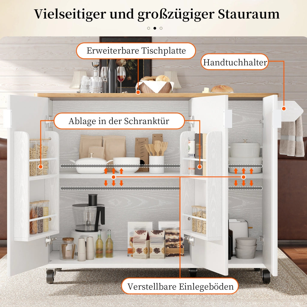 Isola da cucina mobile 130x45/75x92 cm bianca in MDF
