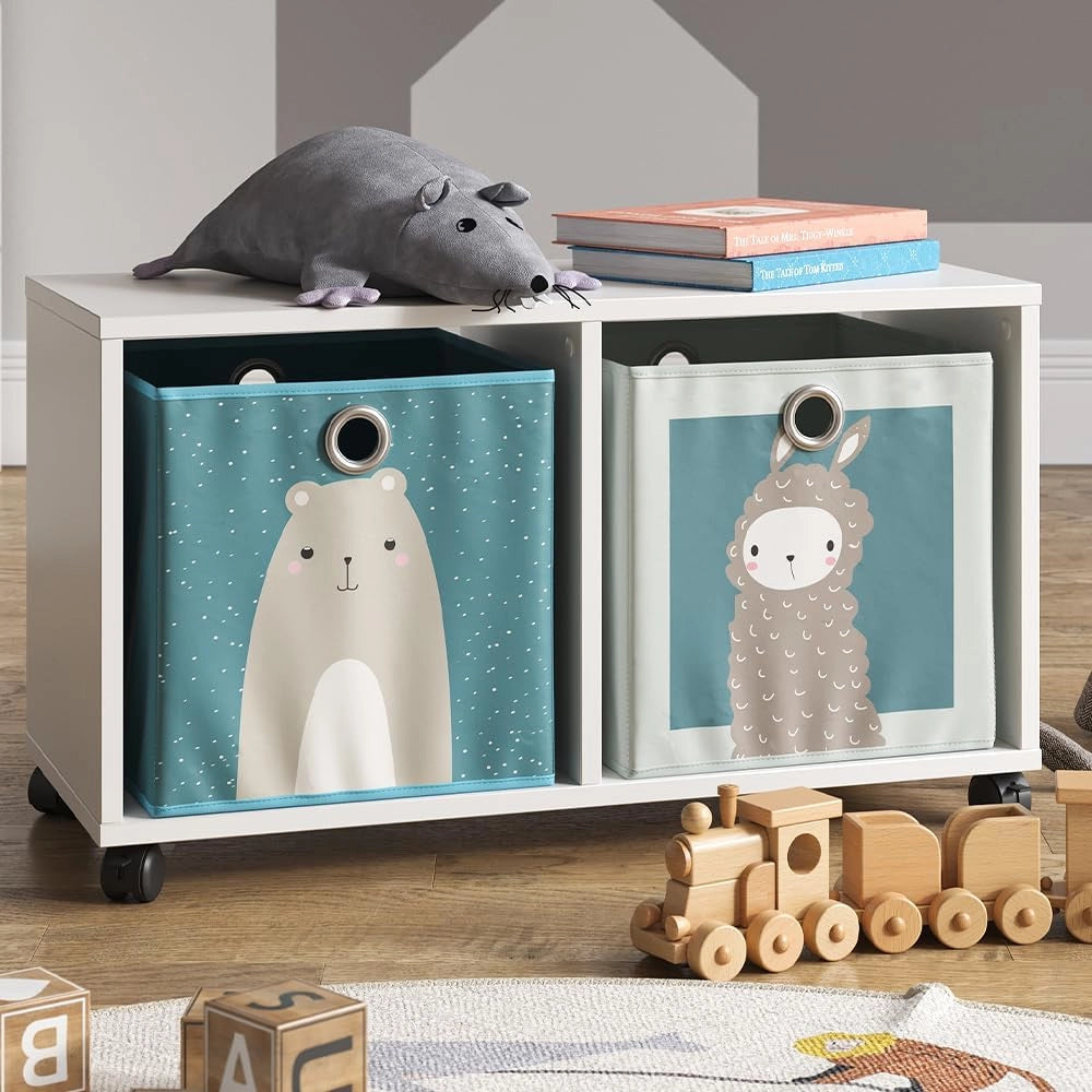 Libreria bambini, Bianco, 72 x 42.4 cm con 2 scatole pieghevoli, su ruote con due ripiani aperti