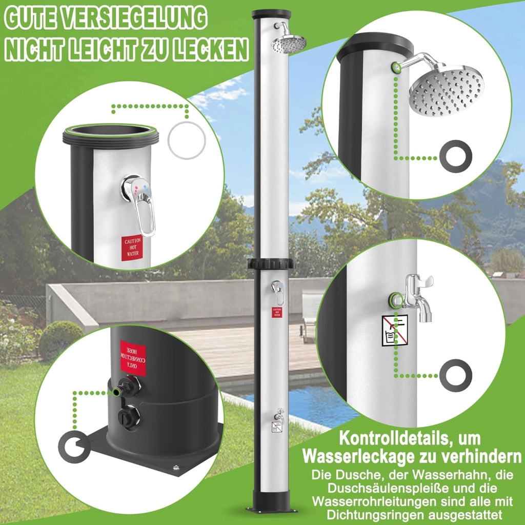 Doccia solare da giardino, 40 l, con cappa protettiva, per esterni, con rubinetto, soffione a pioggia, per giardino, piscina, campeggio, fino a 60 °C, colore: argento