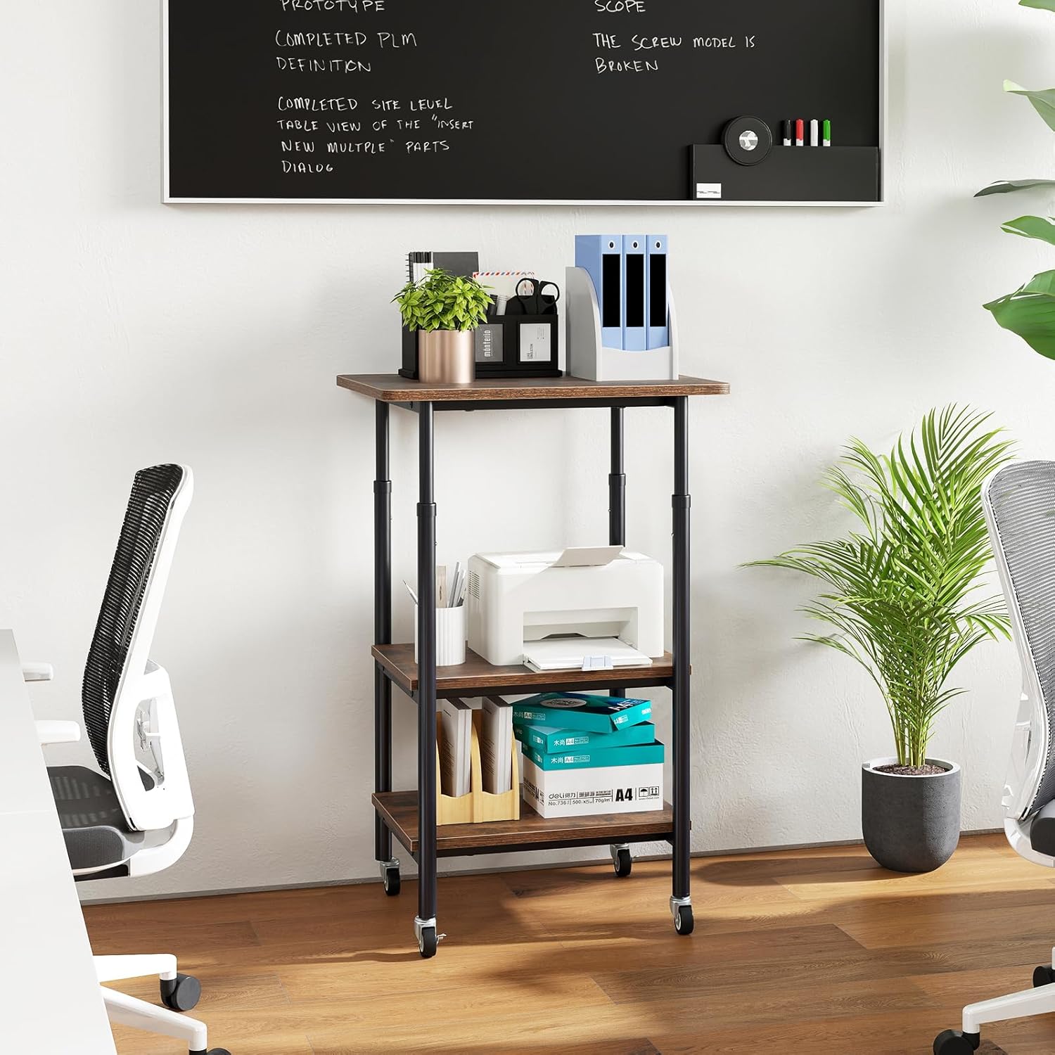 Supporto per Stampante, Carrello Stampante a 3 Livelli con Ripiani di Stoccaggio e Ruote con Blocco, Altezza Regolabile, per Stampante 3D Scanner Fax, 49 x 40 x 65/77 cm (Marrone)