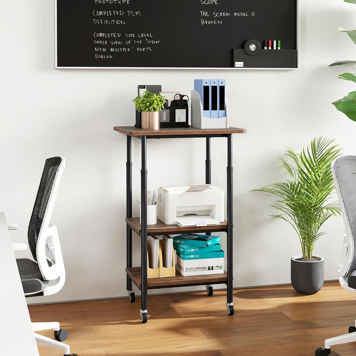 Supporto per Stampante, Carrello Stampante a 3 Livelli con Ripiani di Stoccaggio e Ruote con Blocco, Altezza Regolabile, per Stampante 3D Scanner Fax, 49 x 40 x 65/77 cm (Marrone)