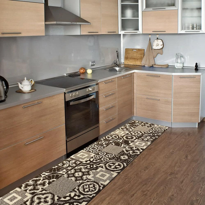 Tappeto Cucina 3D Passatoia Antiscivolo Piastrella Maiolica Marrone 50x110 cm