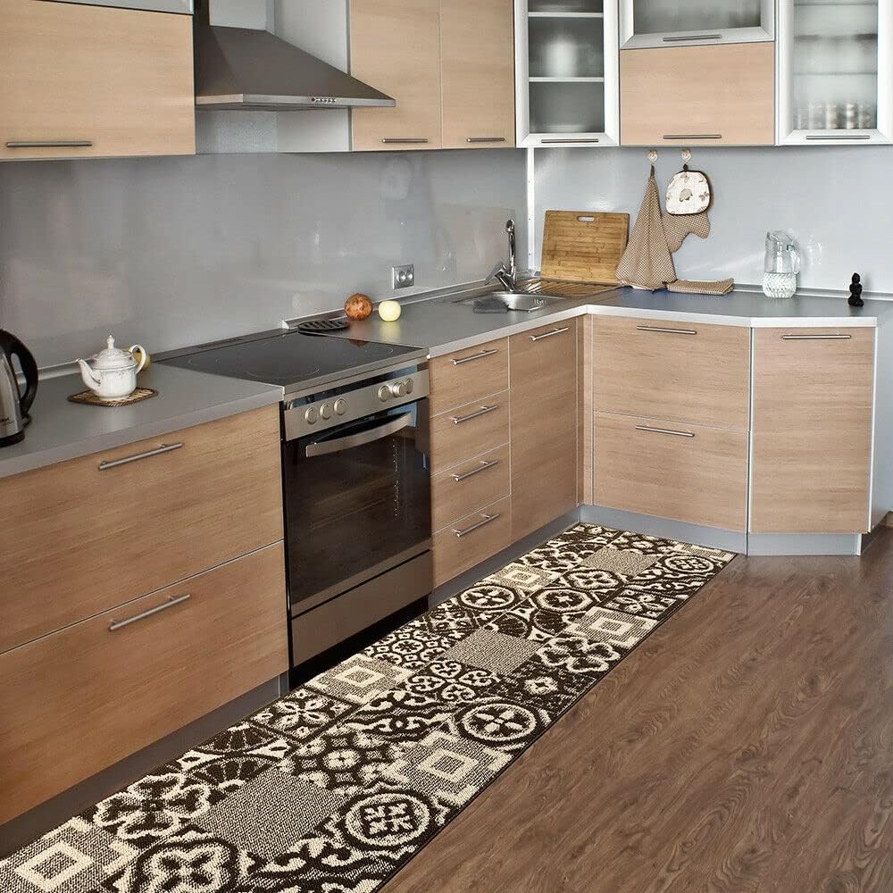 Tappeto Cucina 3D Passatoia Antiscivolo Piastrella Maiolica Marrone 57x130 cm