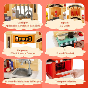 Cucina Giocattolo per Bambini 69 Pezzi, Cucinetta per Bambini 3 Anni+ con Luci Suoni Vapore e Acqua in Ebollizione, 3 Anni+, 64,5 x 24 x 83 cm (Arancio)