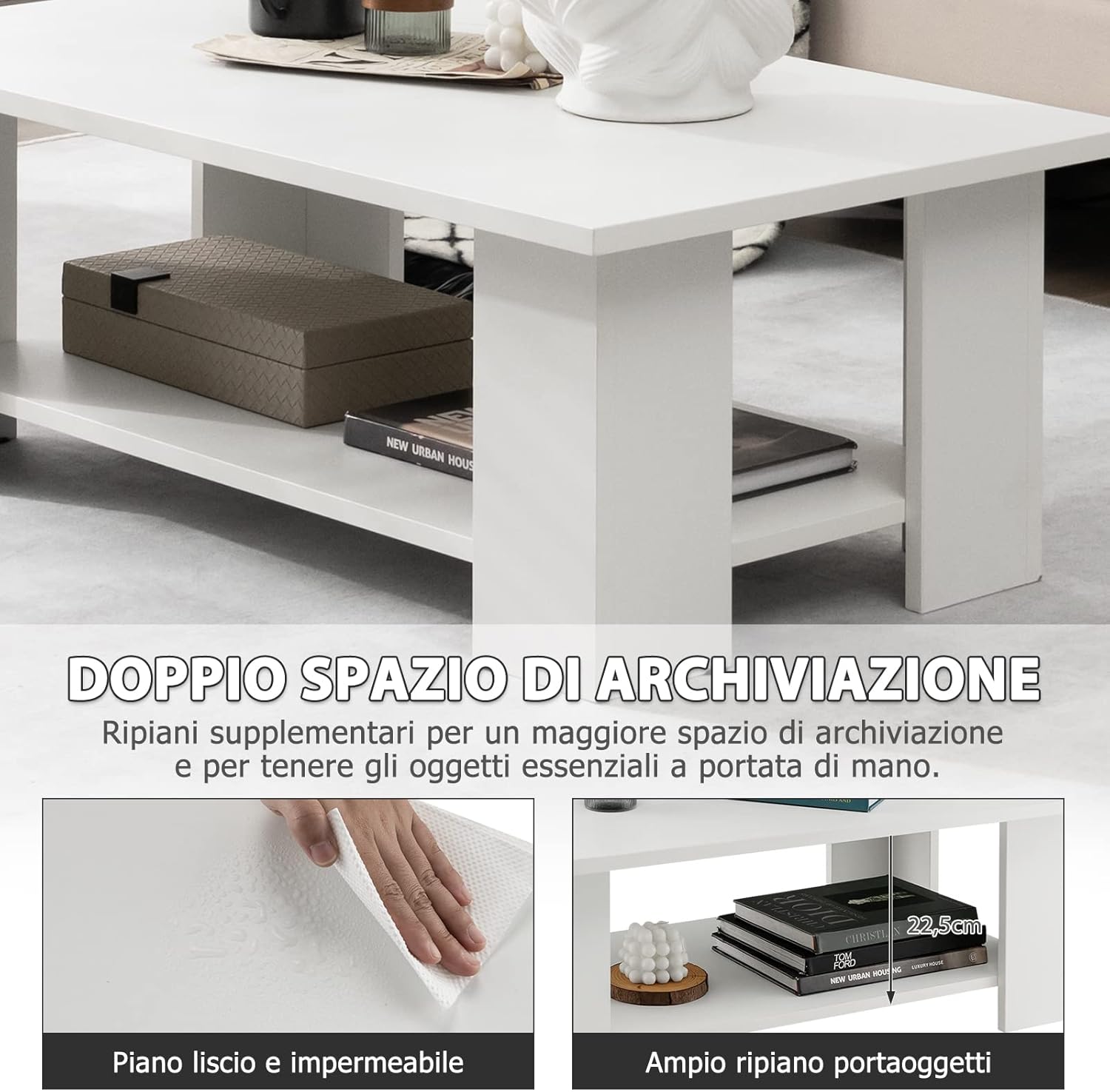 Tavolino da Salotto in Legno, Tavolino Basso Modero in Legno a 2 Livelli con Ripiano Aperto, Tavolo Rettangolare per Soggiorno, Studio e Sala di Ricevimento, 90 x 52 x 32 cm, Bianco