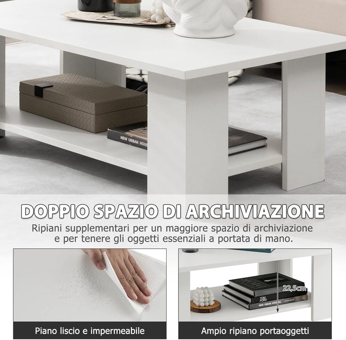 Tavolino da Salotto in Legno, Tavolino Basso Modero in Legno a 2 Livelli con Ripiano Aperto, Tavolo Rettangolare per Soggiorno, Studio e Sala di Ricevimento, 90 x 52 x 32 cm, Bianco