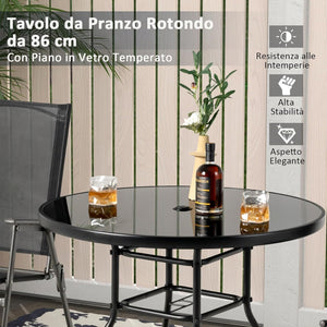 Tavolo Rotondo da Giardino con Buco per Ombrellone, Tavolo da Esterno in Vetro Temperato Struttura in Metallo, Tavolino per Balcone, Terrazza, Sala Pranzo e Soggiorno, 86 x 86 x 71 cm, Nero