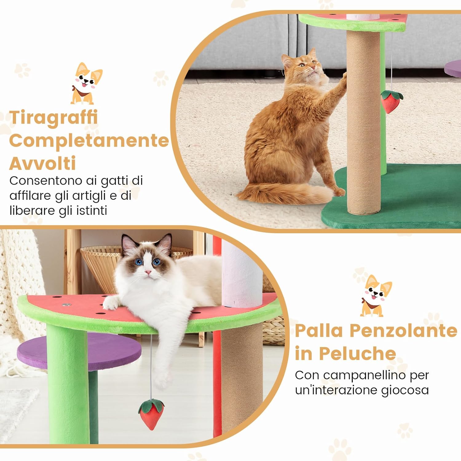 Tiragraffi per Gatti a Forma di Frutta, Albero Moderno per Animali Domestici Multilivello con Piattaforme, Palla di Fragola Pendente e Tiragraffi per Gatti