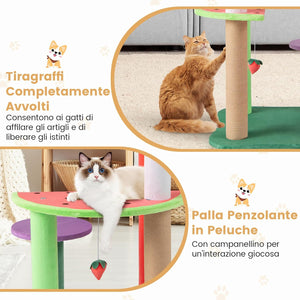 Tiragraffi per Gatti a Forma di Frutta, Albero Moderno per Animali Domestici Multilivello con Piattaforme, Palla di Fragola Pendente e Tiragraffi per Gatti