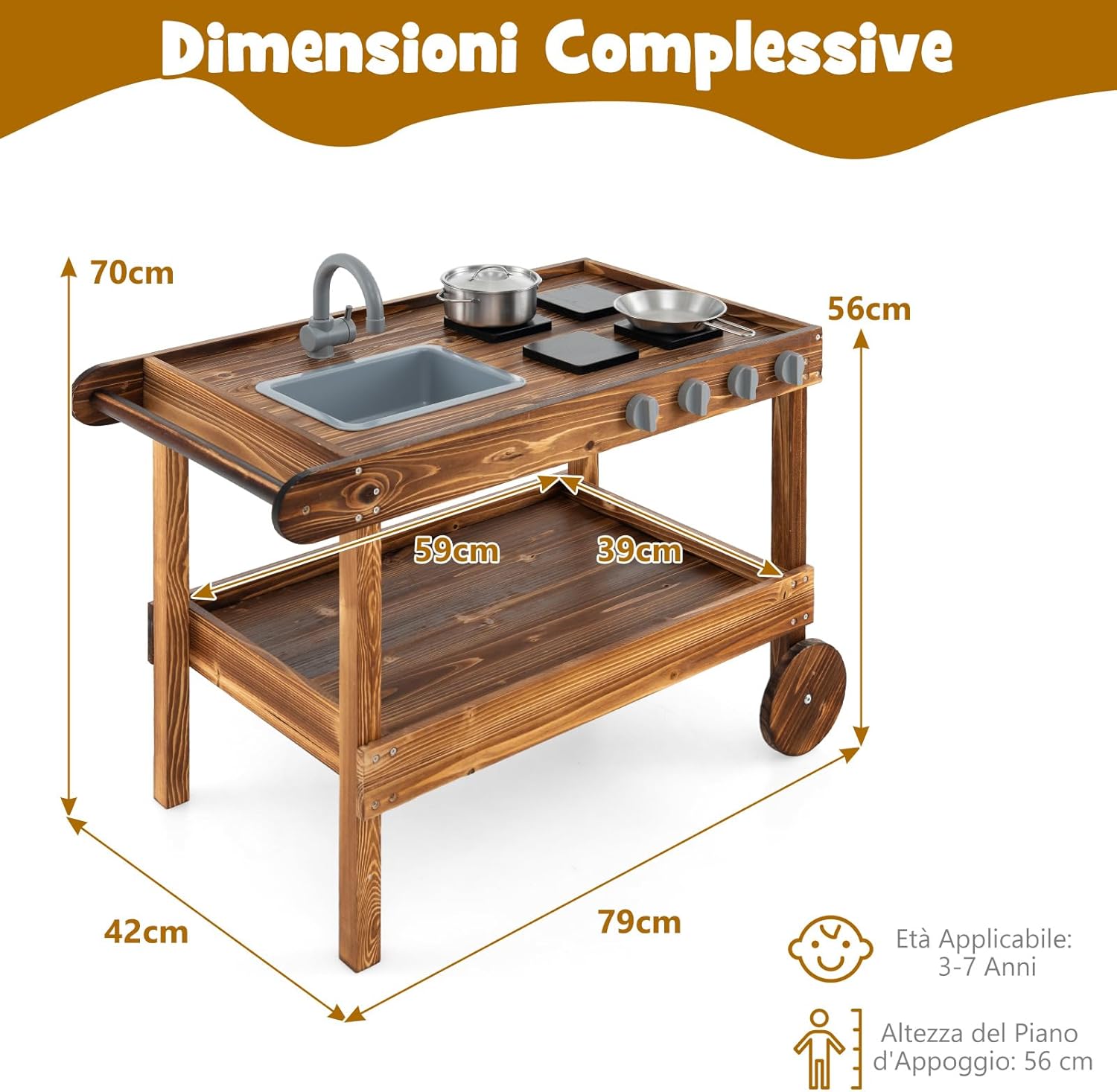 Cucina da Giardino Mobile, Cucina Giocattolo in Abete cinese per Bambini con Ruote Girevoli e Maniglia, Rubinetto e Lavandino Rimovibile, Fornelli e Manopole, Ideale per Bambini 3+ Anni