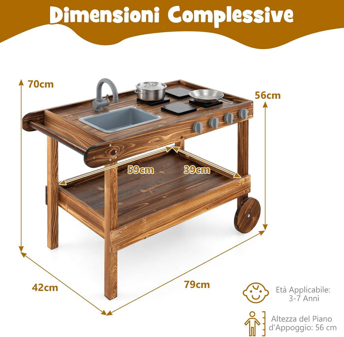 Cucina da Giardino Mobile, Cucina Giocattolo in Abete cinese per Bambini con Ruote Girevoli e Maniglia, Rubinetto e Lavandino Rimovibile, Fornelli e Manopole, Ideale per Bambini 3+ Anni
