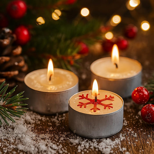 Set 6 Candele T-Light con Decoro Albero e Fiocco di Neve – Candeline Natalizie in Alluminio con Cera Bianca e Dettagli Colorati