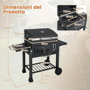 Barbecue a Carbone da Esterno con Ruote, Barbecue a Carbone Portatile con 2 Tavolini Pieghevoli, Vassoio del Carbone Regolabile a 6 Livelli e Ripiano di Stoccaggio, per Campeggio, Picnic
