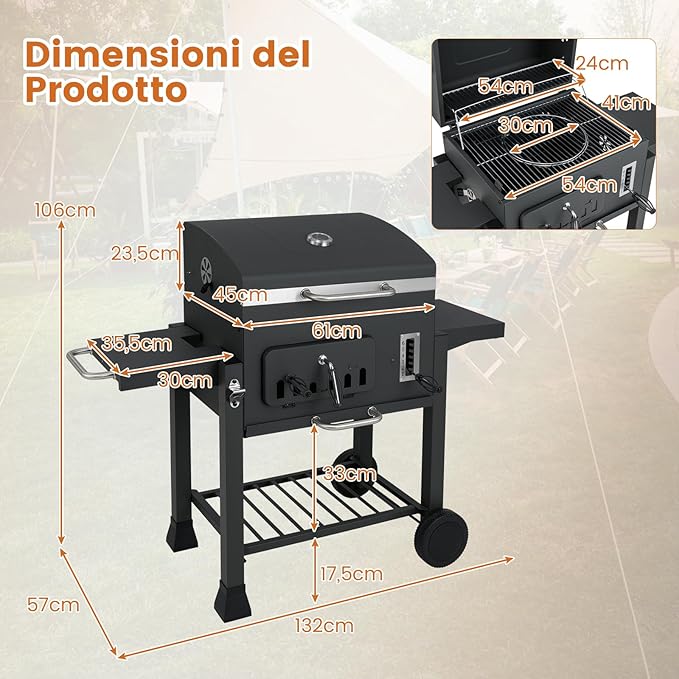 Barbecue a Carbone da Esterno con Ruote, Barbecue a Carbone Portatile con 2 Tavolini Pieghevoli, Vassoio del Carbone Regolabile a 6 Livelli e Ripiano di Stoccaggio, per Campeggio, Picnic