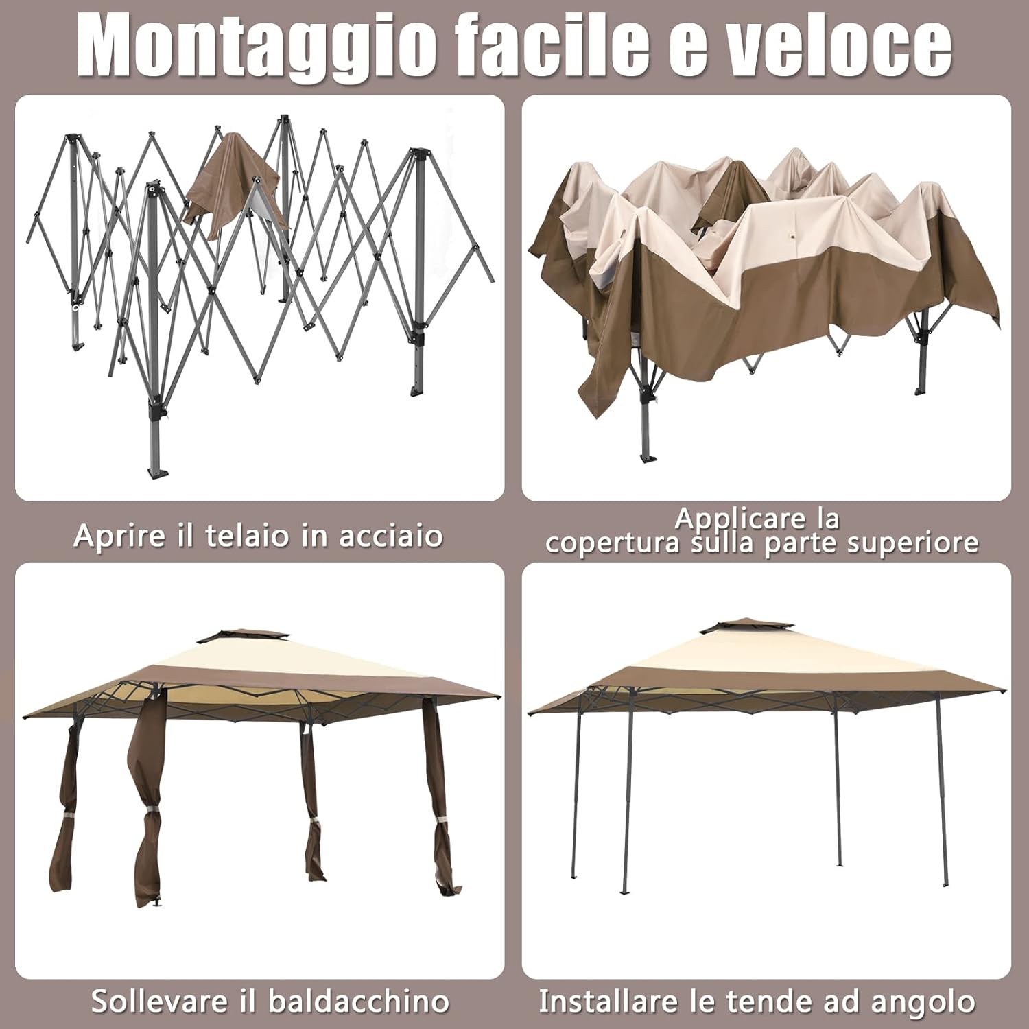 Gazebo da Giardino 3,95 x 3,95 M, Gazebo da Esterno con Tetto a 2 Livelli e 3 Altezze Regolabili, con Borsa,Tessuto Oxford, Ideale per Feste, Barbecue, Giardino, Spiaggia (Marrone)