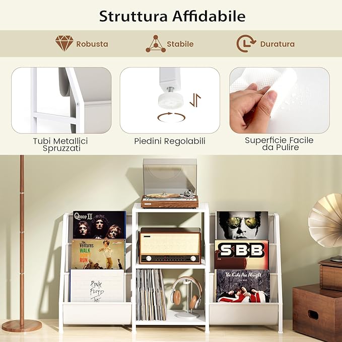 Supporto per Giradischi per Vinili, Porta Giradischi Vinili Fino a 200 Album con 3 Ripiani, 6 Tasche di Archiviazione e Struttura in Metallo, per Casa Studio e Caffè, 125x30x69 cm (Bianco)