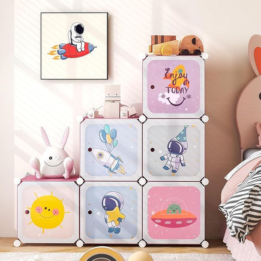 Armadio Portatile per Bambini, Organizzatore Modulari per Bambini a 8 cubi con Ante e Sezione Appendiabiti, Guardaroba Portatile per Sala Giochi Camera da Letto Asilo, 71x35,5x142 cm (Rosa)