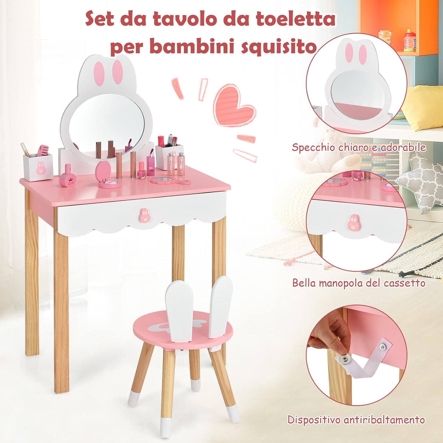 Toeletta Trucco 2 in 1 per Bambina, Specchiera a Forma di Coniglio Staccabile per Ragazza in Legno con Sgabello, Portapenni e Cassetto, Postazione Trucco, 60 x 34 x 103cm (Rosa)