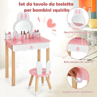 Toeletta Trucco 2 in 1 per Bambina, Specchiera a Forma di Coniglio Staccabile per Ragazza in Legno con Sgabello, Portapenni e Cassetto, Postazione Trucco, 60 x 34 x 103cm (Rosa)