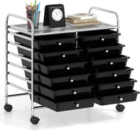 Carrello di Stoccaggio con 12 Cassetti, Carrello portaoggetti con 4 Ruote, Carrello Multiuso per Scuola Ufficio Cucina, 64 x 38 x 62 cm (12 cassetti Nero)