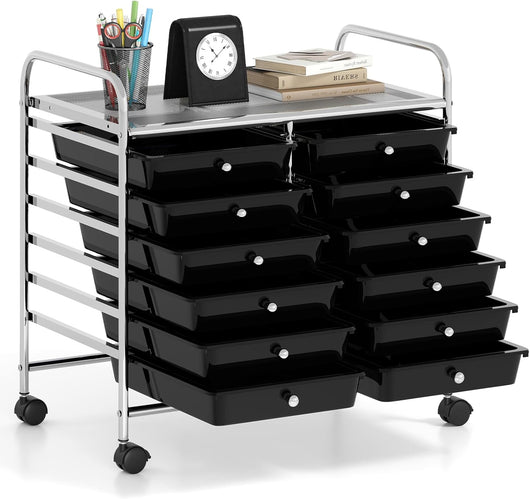 Carrello di Stoccaggio con 12 Cassetti, Carrello portaoggetti con 4 Ruote, Carrello Multiuso per Scuola Ufficio Cucina, 64 x 38 x 62 cm (12 cassetti Nero)
