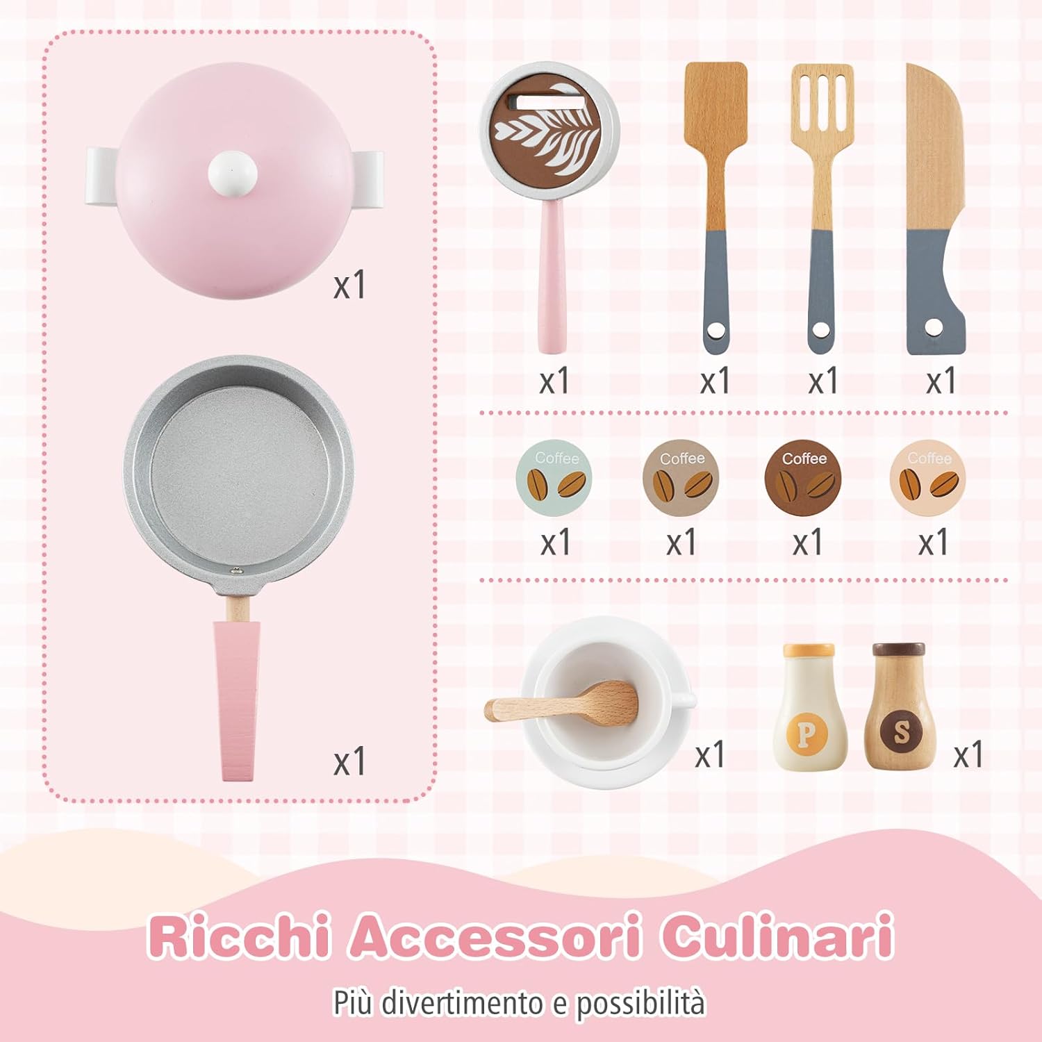 Cucina Giocattolo con Macchina da Caffè, Forno e Lavatrice, Cucina per Bambini in Legno con Microonde e Lavandino, Set Cucina con 13 Accessori, 70 x 30 x 88 cm, per Bambini 3+ Anni
