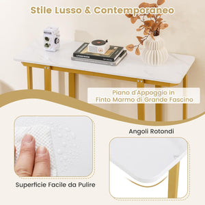Tavolo Consolle, Tavolo d'Ingresso Moderno in Marmo Finto con Telaio Geometrico in Metallo, Tavolo Stretto per Soggiorno, Corridoio e Ingresso, 107 x 40 x 79,5 cm (Oro e bianco)