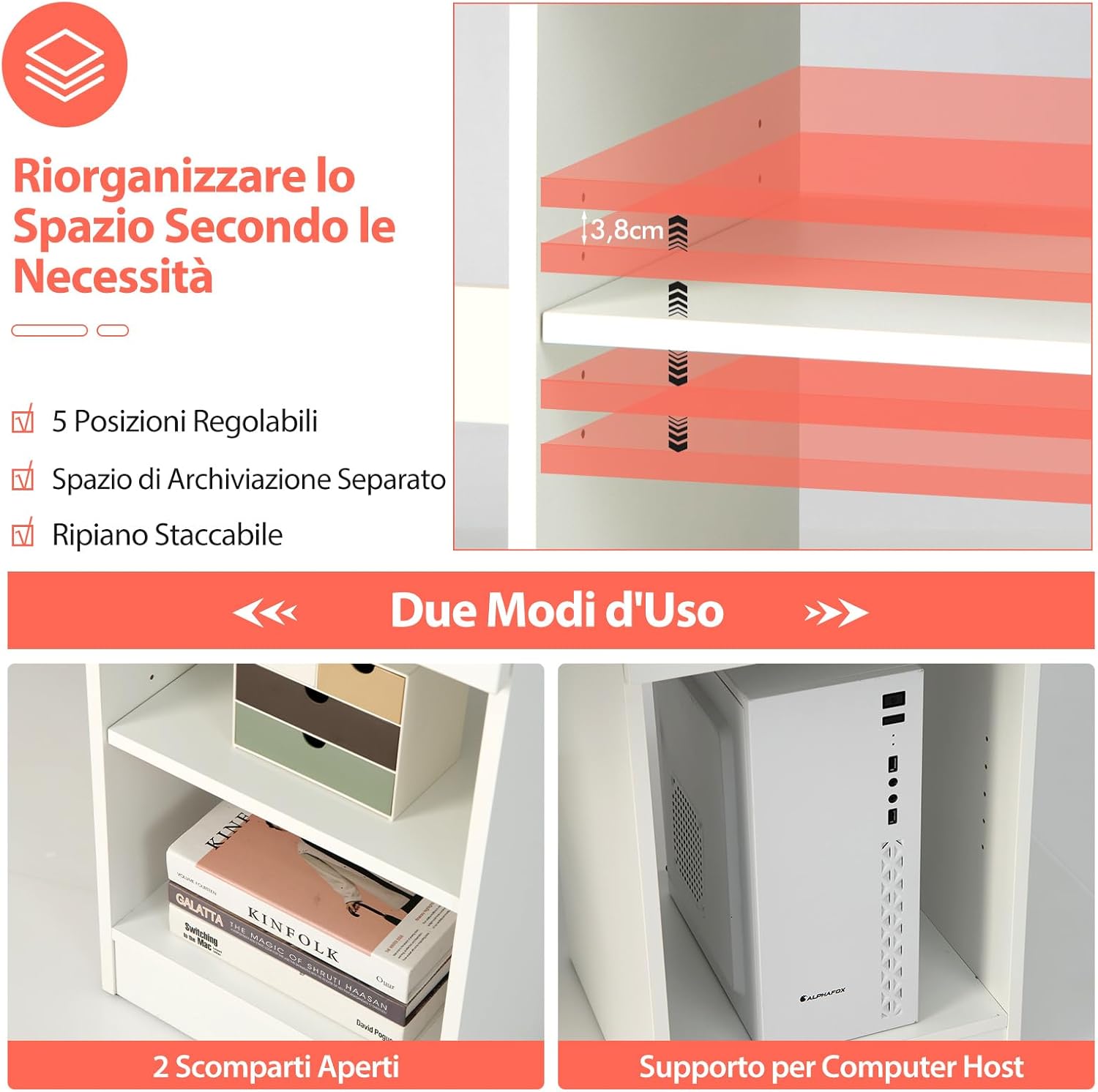 Scrivania con Cassetto, Scrivania per Computer in Legno con Vassoio per Tastiera Estraibile, Supporto per CPU e Ripiani Regolabili, Scrivania Moderna per Studio e Ufficio, Bianco