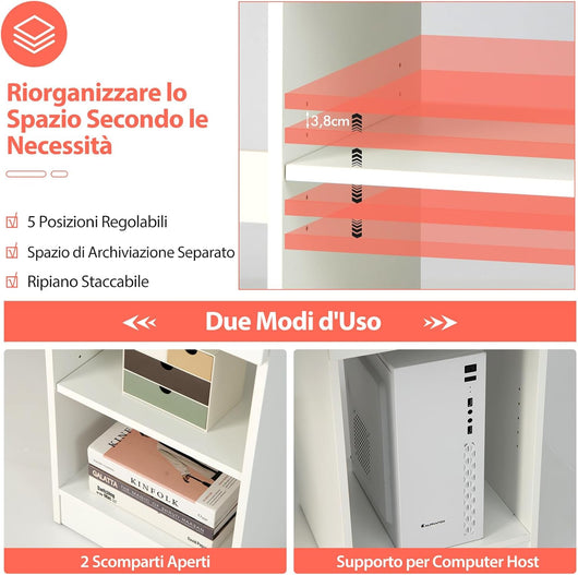 Scrivania con Cassetto, Scrivania per Computer in Legno con Vassoio per Tastiera Estraibile, Supporto per CPU e Ripiani Regolabili, Scrivania Moderna per Studio e Ufficio, Bianco