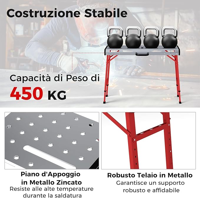 Tavolo da Lavoro Pieghevole, Banco da Lavoro Portatile con Altezza Regolabile a 7 Livelli e 2 Staffe da Saldatura, Capacità di Carico 450 KG (Modello 2)