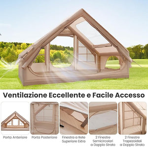 Tenda da Campeggio Gonfiabile, Tenda Gonfiabile Impermeabile per 4-6 Persone con Pompa, Finestre in Rete, 2 Porte e borsa da Trasporto, per Campeggio e Picnic, 300 x 210 x 200 cm
